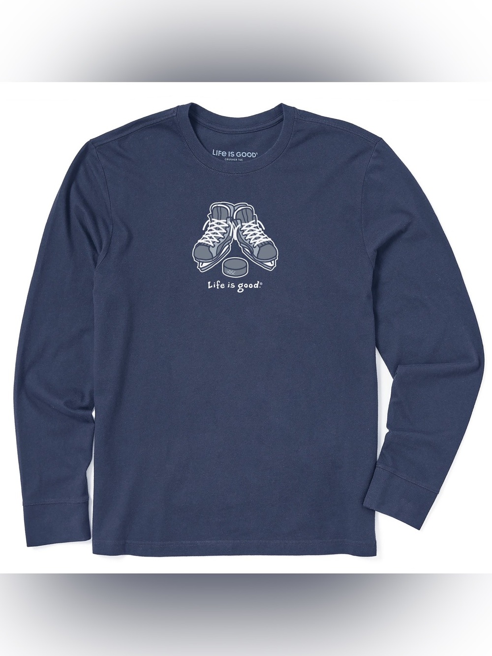 NWT Life Is Good Men's Navy Crewneck Sweater with Hockey Skate Graphic L Outdoor